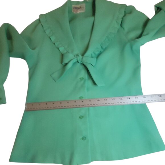 Deha Of Sweden Vtg 70s Green Ruffle Collar Blouse SZ 38 Bow Tie Button Front - Picture 14 of 16
